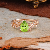 Nature-Inspired Vine-Entwined 4-Prong Teardrop-Cut Peridot Engagement Ring